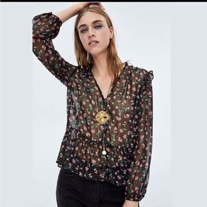 Zara Floral Print Peplum Blouse Top Black Metallic Gold Pink V-Neck MEDIUM